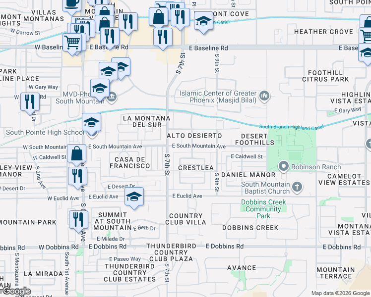 map of restaurants, bars, coffee shops, grocery stores, and more near 721 East South Mountain Avenue in Phoenix