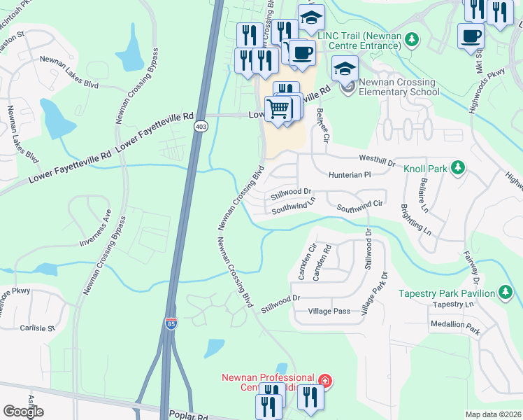 map of restaurants, bars, coffee shops, grocery stores, and more near 217 Southwind Lane in Newnan
