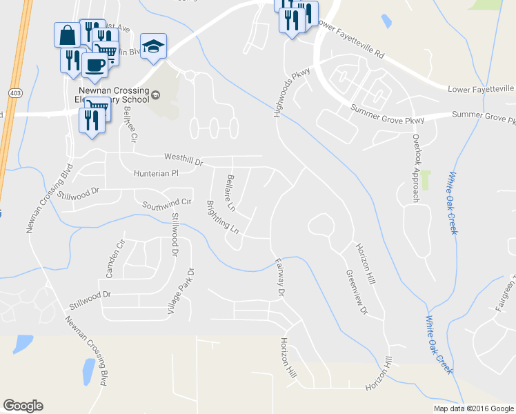 map of restaurants, bars, coffee shops, grocery stores, and more near 10 Tillbrook Trail in Newnan