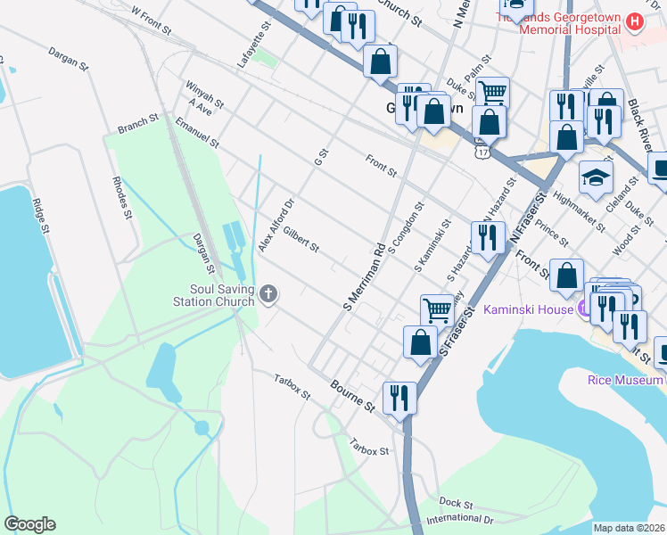 map of restaurants, bars, coffee shops, grocery stores, and more near 1819 Gilbert Street in Georgetown