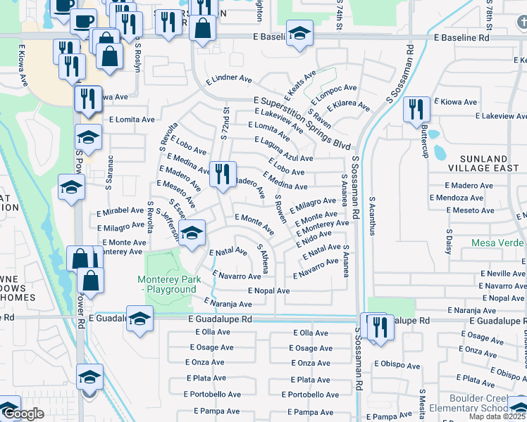 map of restaurants, bars, coffee shops, grocery stores, and more near 7345 East Milagro Avenue in Mesa