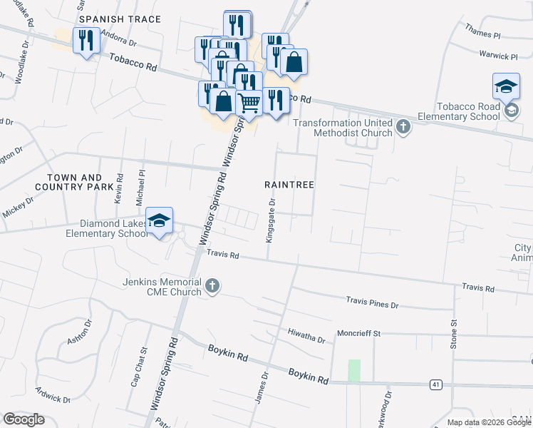 map of restaurants, bars, coffee shops, grocery stores, and more near 3719 Kingsgate Drive in Hephzibah