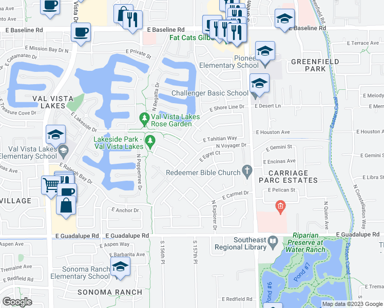 map of restaurants, bars, coffee shops, grocery stores, and more near 2192 E Chesapeake Dr in Gilbert