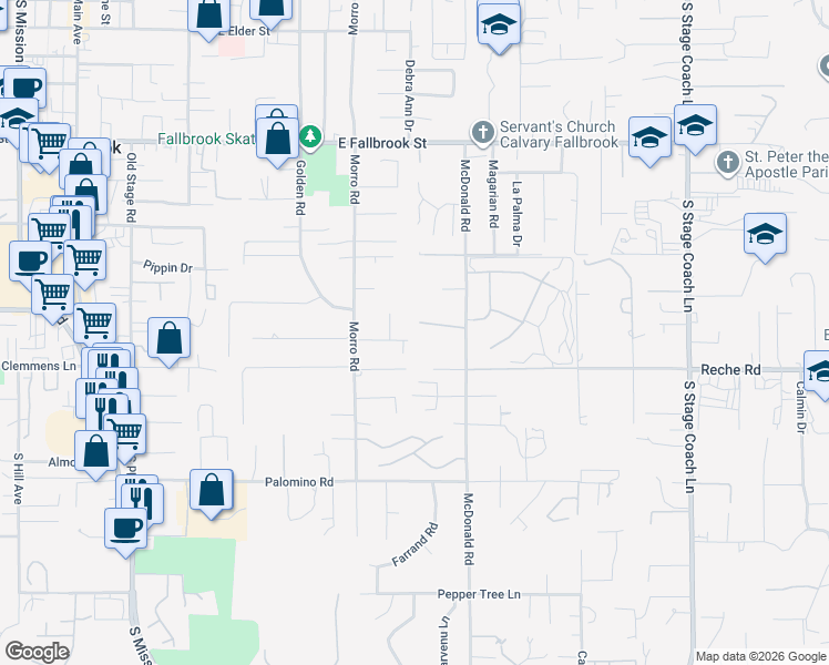 map of restaurants, bars, coffee shops, grocery stores, and more near 1003 Vía Unidos in Fallbrook