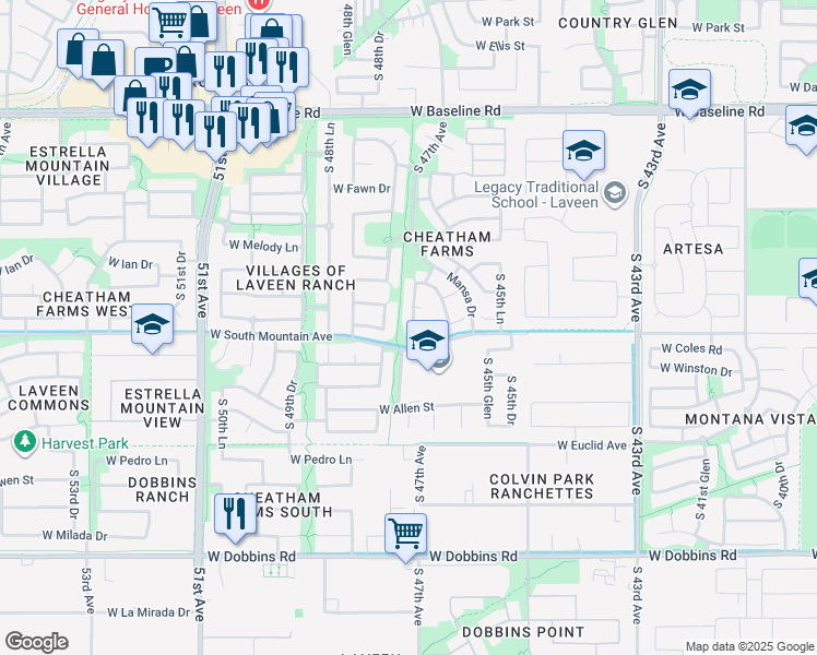 map of restaurants, bars, coffee shops, grocery stores, and more near 8324 S 47th Ave in Phoenix