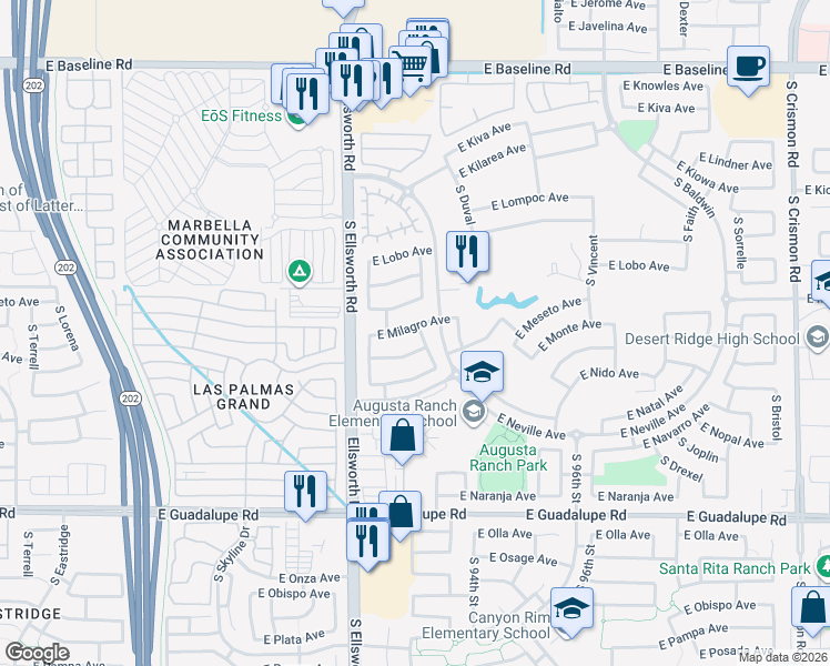 map of restaurants, bars, coffee shops, grocery stores, and more near 9329 East Milagro Avenue in Mesa