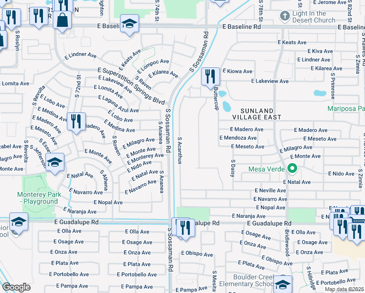 map of restaurants, bars, coffee shops, grocery stores, and more near 2459 South Acanthus in Mesa