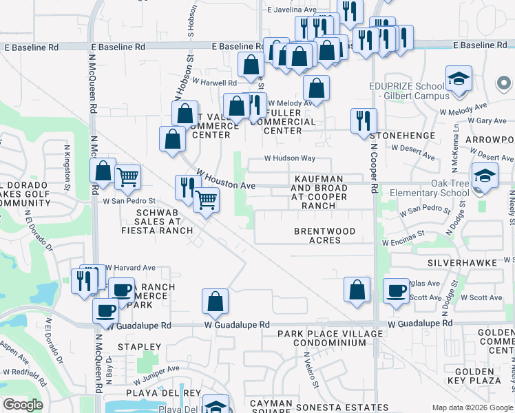 map of restaurants, bars, coffee shops, grocery stores, and more near 1068 West Cooley Drive in Gilbert