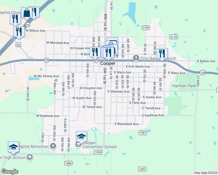 map of restaurants, bars, coffee shops, grocery stores, and more near 600 SE 1st St in Cooper