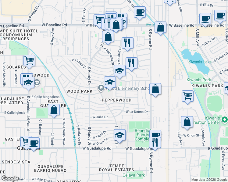 map of restaurants, bars, coffee shops, grocery stores, and more near 5818 South Judd Street in Tempe