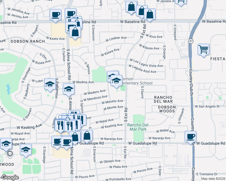 map of restaurants, bars, coffee shops, grocery stores, and more near 825 West Medina Avenue in Mesa