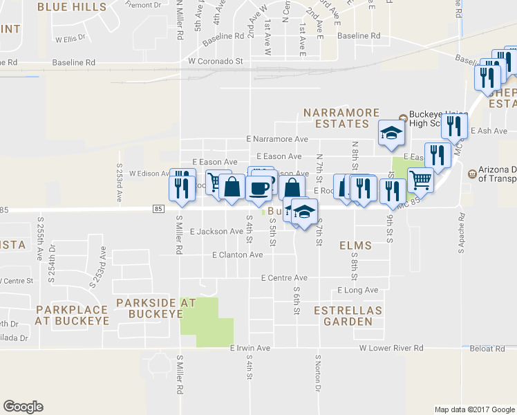 map of restaurants, bars, coffee shops, grocery stores, and more near 420 Monroe Avenue in Buckeye
