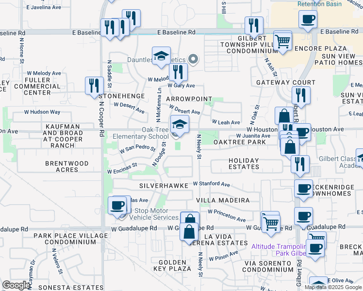 map of restaurants, bars, coffee shops, grocery stores, and more near 505 West Houston Avenue in Gilbert