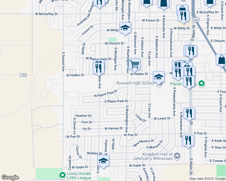 map of restaurants, bars, coffee shops, grocery stores, and more near 710 North Plains Park Drive in Roswell