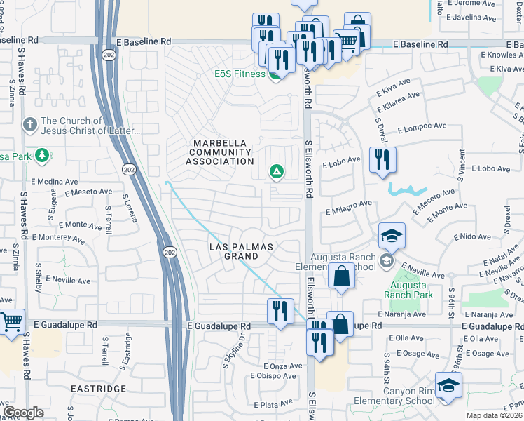 map of restaurants, bars, coffee shops, grocery stores, and more near 2550 South Ellsworth Road in Mesa