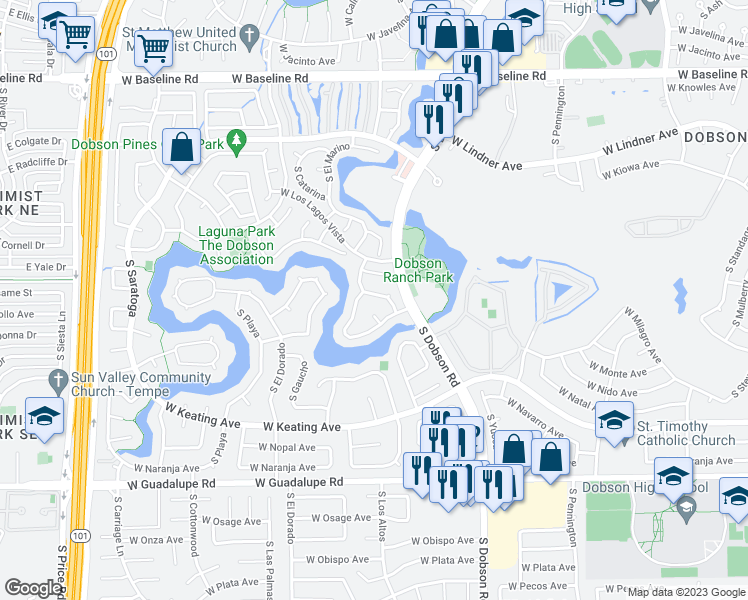 map of restaurants, bars, coffee shops, grocery stores, and more near 2425 South Los Altos in Mesa