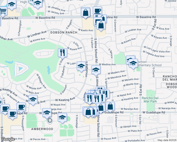 map of restaurants, bars, coffee shops, grocery stores, and more near 1261 West Madero Avenue in Mesa