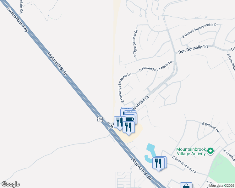 map of restaurants, bars, coffee shops, grocery stores, and more near 6452 E Hacienda La Noria Ln in Gold Canyon
