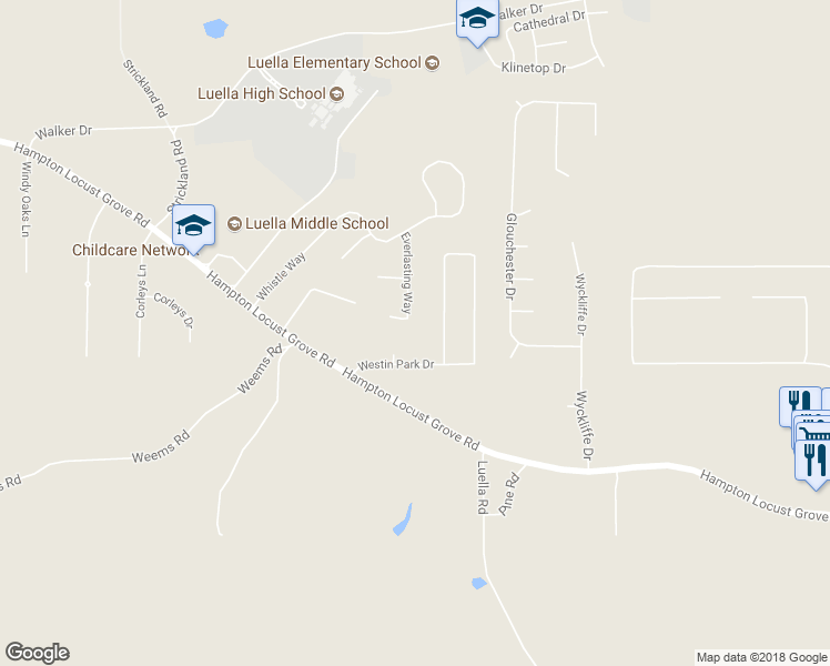 map of restaurants, bars, coffee shops, grocery stores, and more near 645 Everlasting Way in Locust Grove