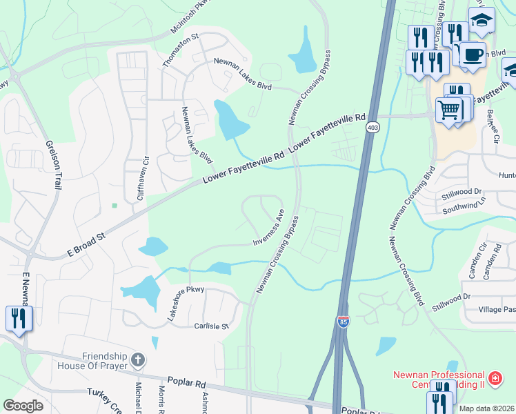 map of restaurants, bars, coffee shops, grocery stores, and more near 22 Lismore Way in Newnan