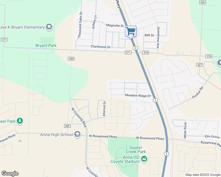 map of restaurants, bars, coffee shops, grocery stores, and more near Meadow Drive in Anna