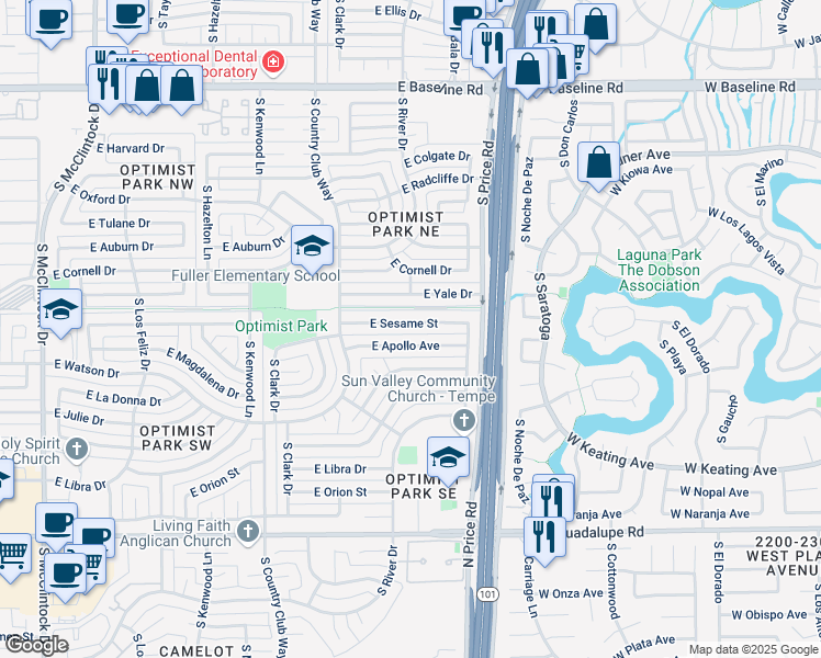 map of restaurants, bars, coffee shops, grocery stores, and more near 2147 East Sesame Street in Tempe