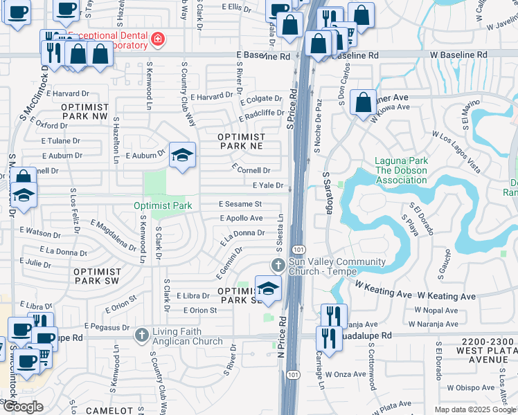 map of restaurants, bars, coffee shops, grocery stores, and more near 2177 East Sesame Street in Tempe