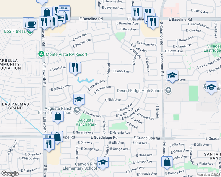 map of restaurants, bars, coffee shops, grocery stores, and more near 9555 East Monte Avenue in Mesa