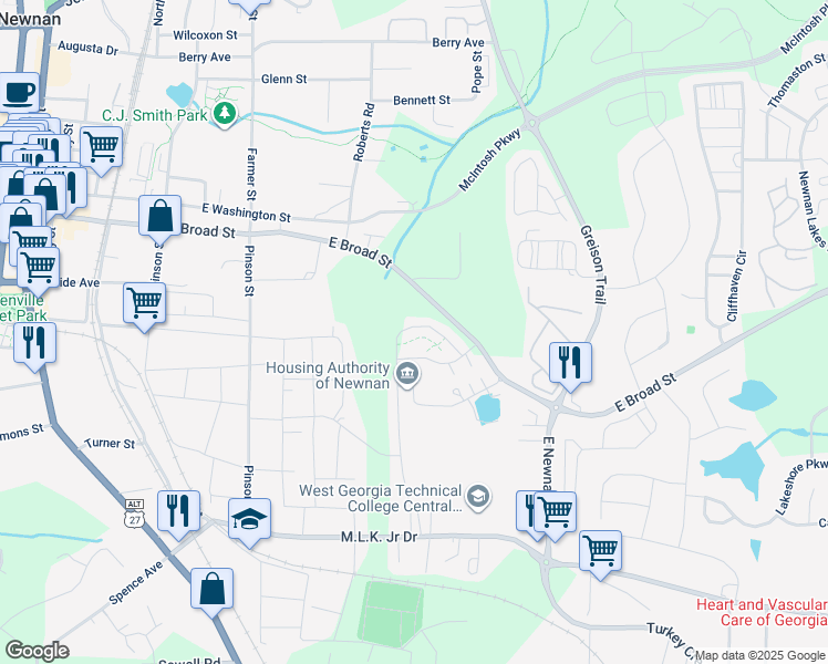 map of restaurants, bars, coffee shops, grocery stores, and more near 6 Ball Street in Newnan