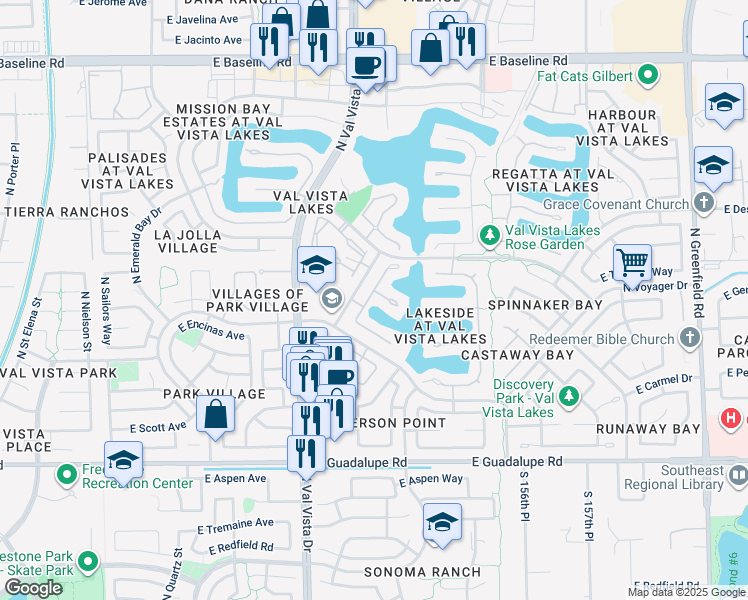 map of restaurants, bars, coffee shops, grocery stores, and more near 1709 East Coco Palm Court in Gilbert