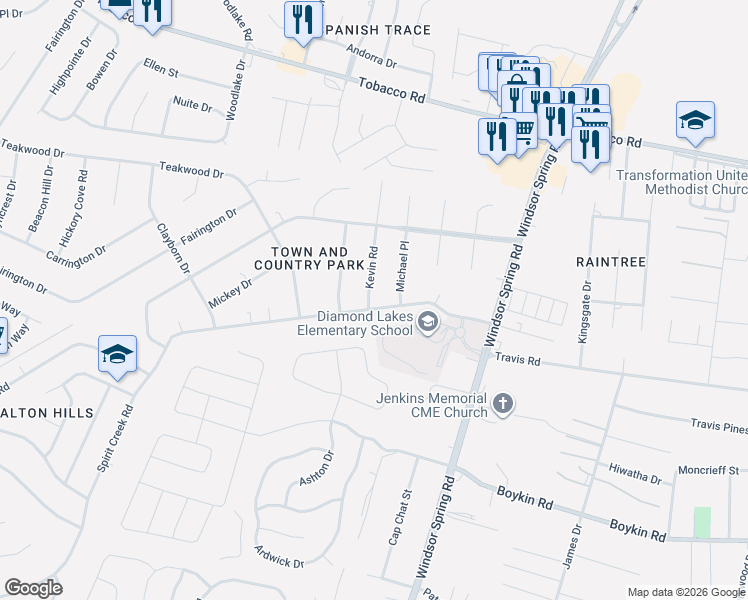 map of restaurants, bars, coffee shops, grocery stores, and more near 4198 Kevin Road in Hephzibah