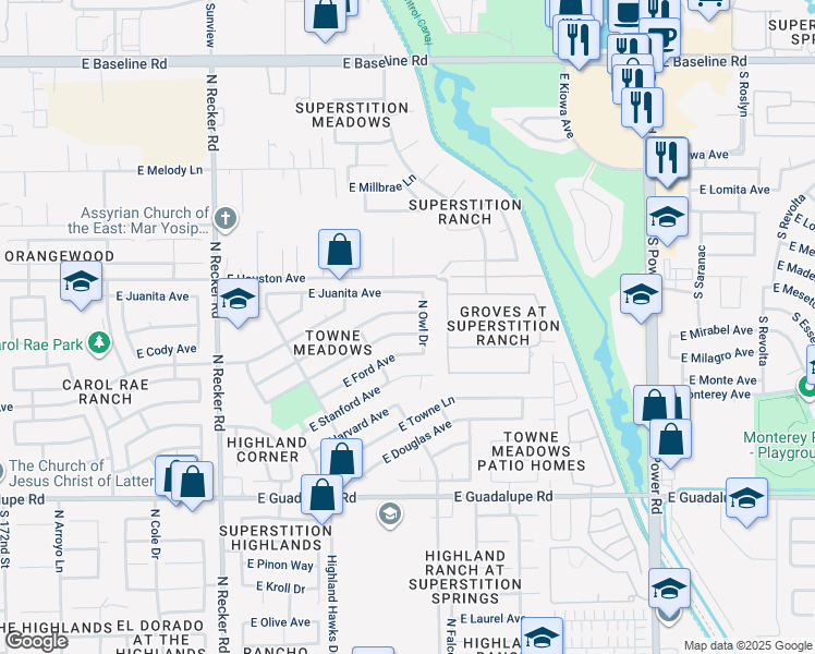 map of restaurants, bars, coffee shops, grocery stores, and more near 4338 East San Remo Avenue in Gilbert