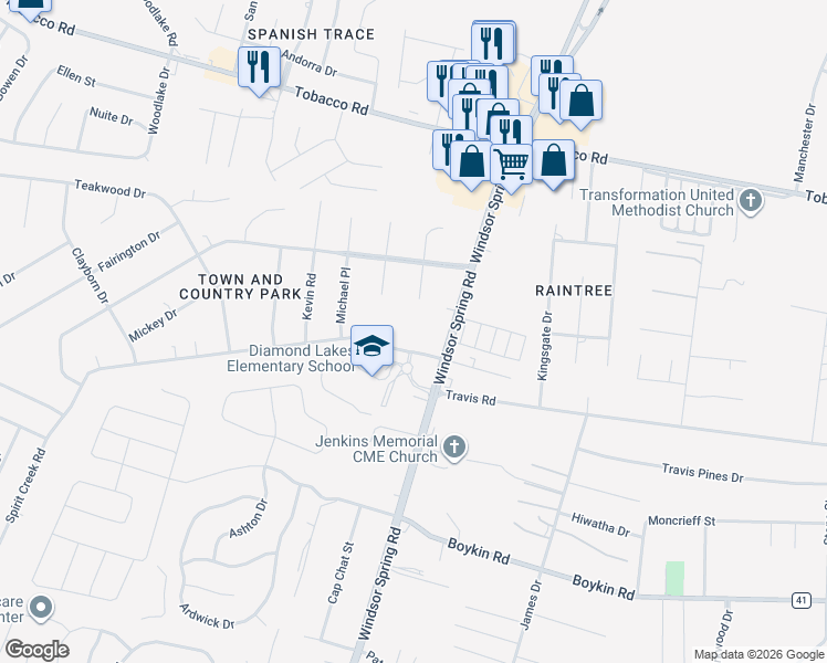 map of restaurants, bars, coffee shops, grocery stores, and more near 4145 Windsor Spring Road in Hephzibah