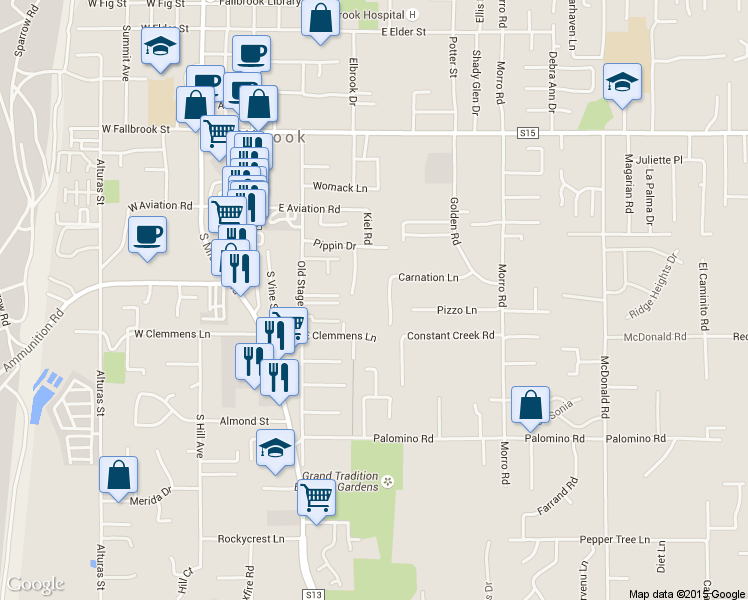 map of restaurants, bars, coffee shops, grocery stores, and more near 1213 Senwood Way in Fallbrook