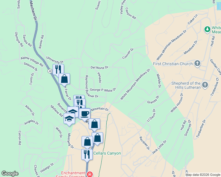 map of restaurants, bars, coffee shops, grocery stores, and more near 405 George P White Drive in Ruidoso