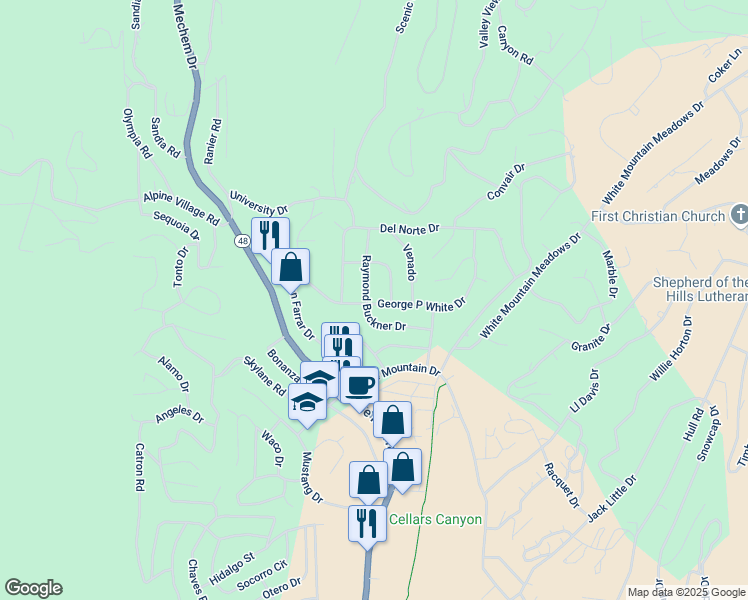 map of restaurants, bars, coffee shops, grocery stores, and more near 301 George P White Drive in Ruidoso