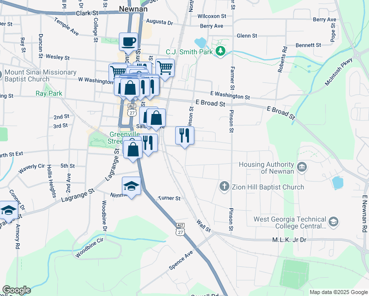 map of restaurants, bars, coffee shops, grocery stores, and more near 43 Savannah Street in Newnan