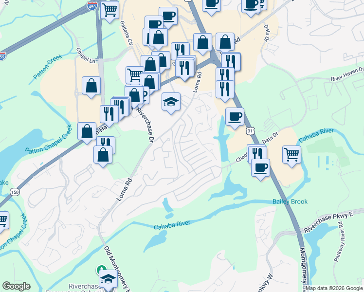 map of restaurants, bars, coffee shops, grocery stores, and more near 1511 Chace Lane in Hoover
