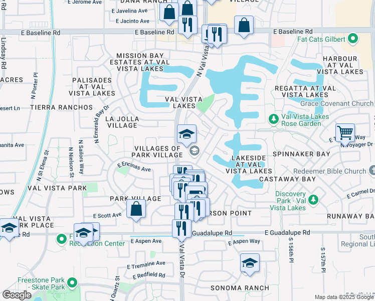 map of restaurants, bars, coffee shops, grocery stores, and more near 1030 North Blue Grotto Drive in Gilbert