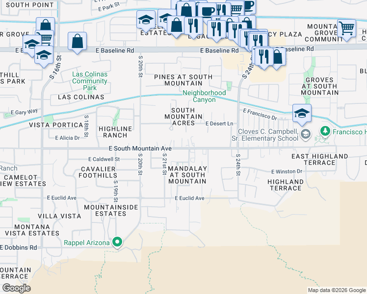 map of restaurants, bars, coffee shops, grocery stores, and more near 2142 East South Mountain Avenue in Phoenix