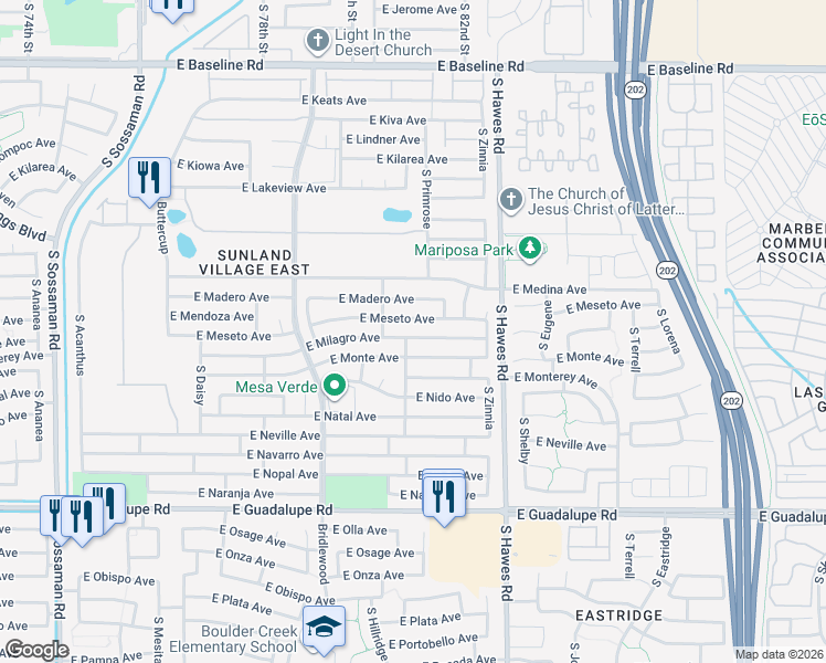 map of restaurants, bars, coffee shops, grocery stores, and more near 8220 East Milagro Avenue in Mesa