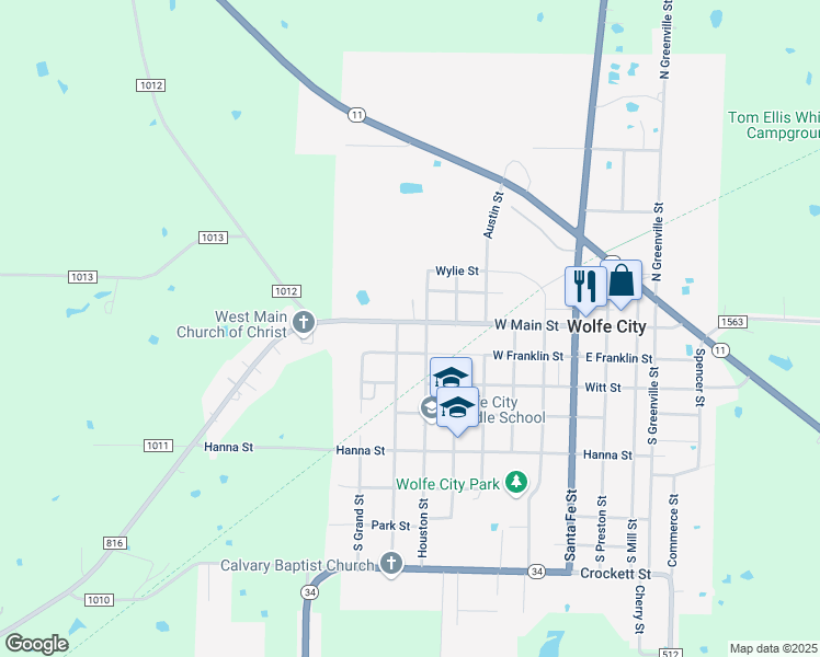 map of restaurants, bars, coffee shops, grocery stores, and more near 613 West Main Street in Wolfe City