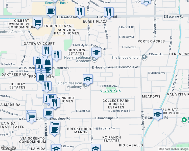 map of restaurants, bars, coffee shops, grocery stores, and more near 430 East San Pedro Avenue in Gilbert