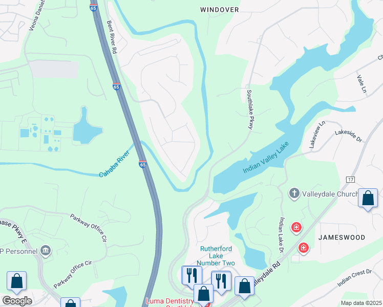 map of restaurants, bars, coffee shops, grocery stores, and more near Cahaba Lake Drive in Birmingham