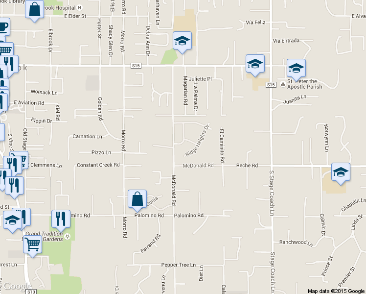 map of restaurants, bars, coffee shops, grocery stores, and more near 1044 Crescent Bend in Fallbrook