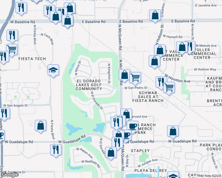 map of restaurants, bars, coffee shops, grocery stores, and more near 1669 West Encinas Street in Gilbert