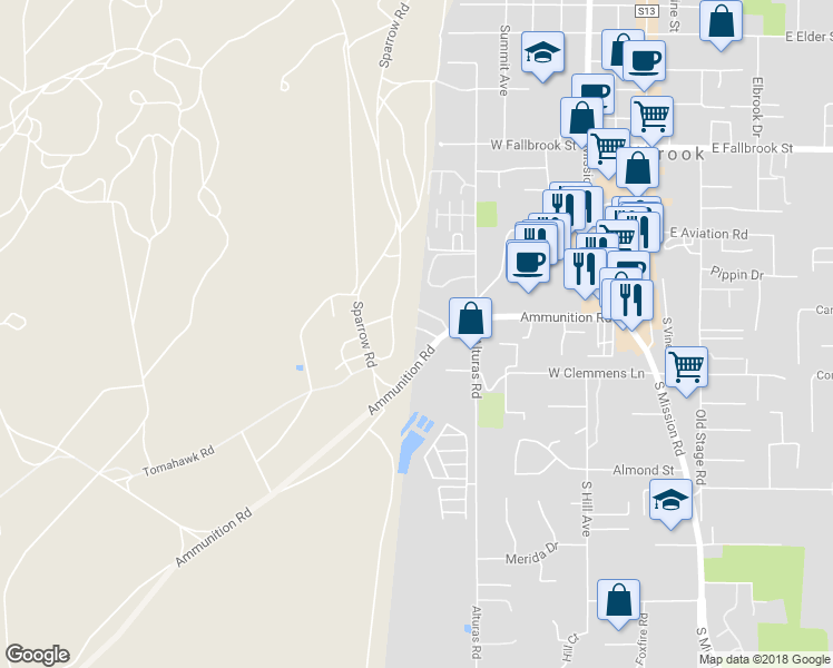 map of restaurants, bars, coffee shops, grocery stores, and more near 549 Ammunition Road in Fallbrook