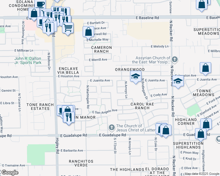 map of restaurants, bars, coffee shops, grocery stores, and more near 3575 East Caleb Way in Gilbert