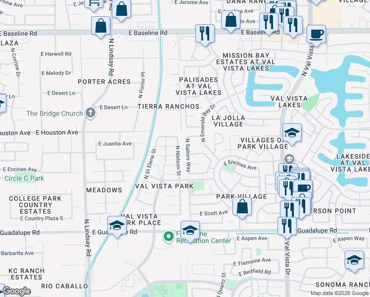 map of restaurants, bars, coffee shops, grocery stores, and more near 1120 North Sailors Way in Gilbert