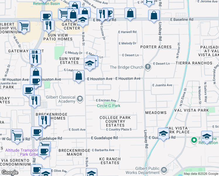 map of restaurants, bars, coffee shops, grocery stores, and more near 570 East San Pedro Avenue in Gilbert